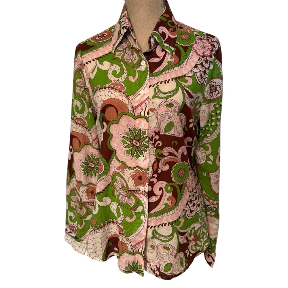 SKIRTIN AROUND TOP BUTTON DOWN BLOUSE PINK WHITE GREEN BROWN FLORAL Sz 14 PLUS